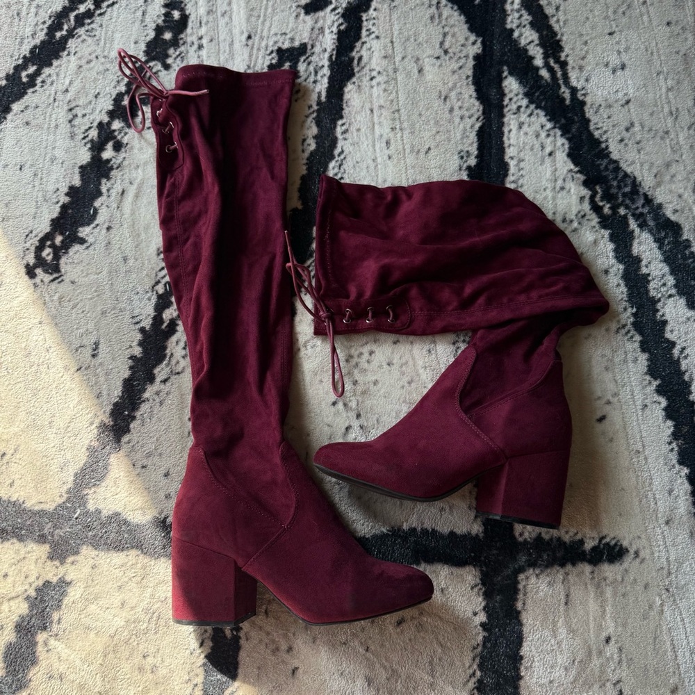 Burgundy red suede over the knee boots (9)